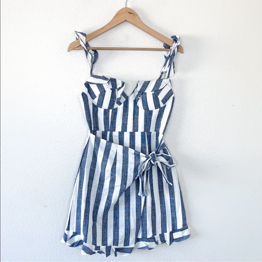 Saints + Secrets Stripes Denim Sweetheart Faux Wrap Dress Blue White Ruffle Mini - Picture 5 of 15